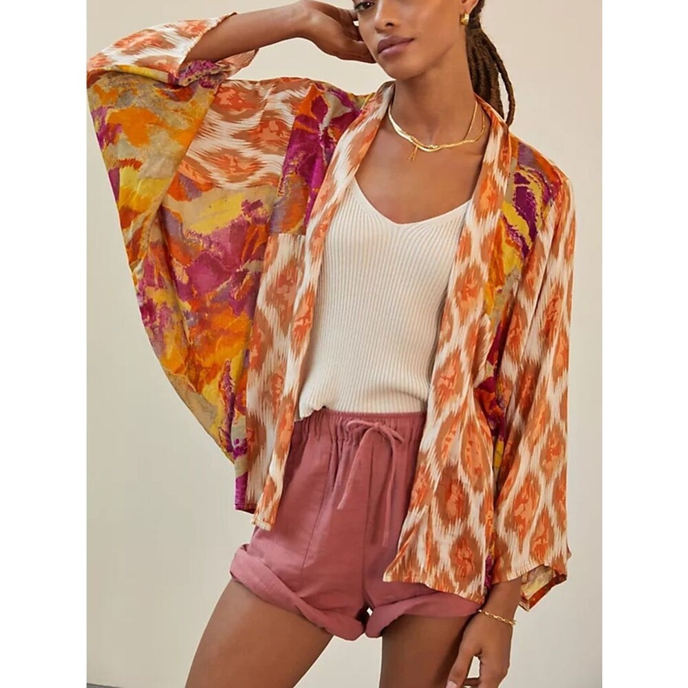 Anthropologie Orange/ Multicolored Sunset Cocoon Kimono Boho Cardigan One Size